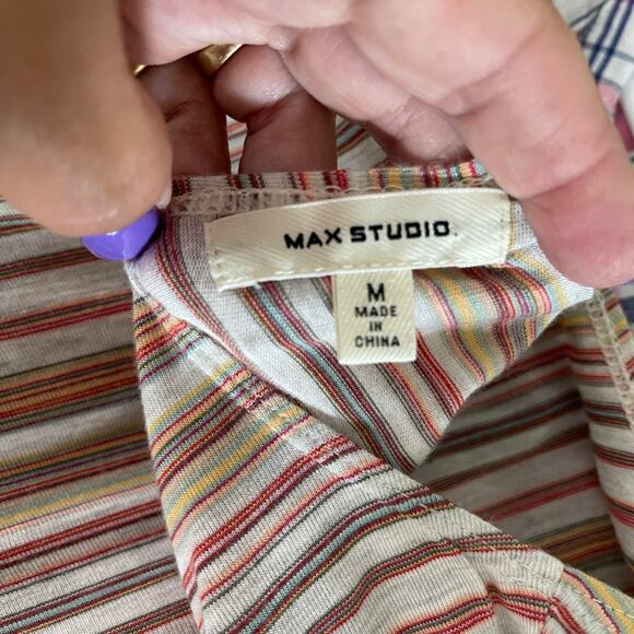 Max Studio blouse knit shirt top women's medium natural stripe tie front red tan - Picture 6 of 14